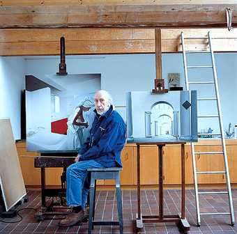 Richard Hamilton in his Oxfordshire studio 2003 With his paintings (right) The Sainsbury Wing, 1999–2000, and Bathroom fig 2.1, 1999–2000 
