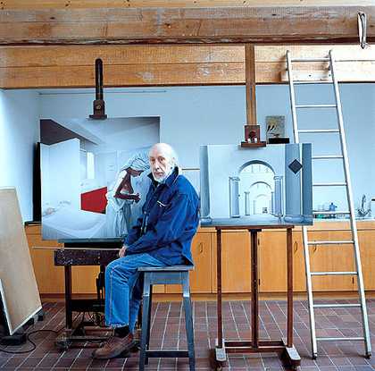 Richard Hamilton in his Oxfordshire studio 2003 With his paintings (right) The Sainsbury Wing, 1999–2000, and Bathroom fig 2.1, 1999–2000 