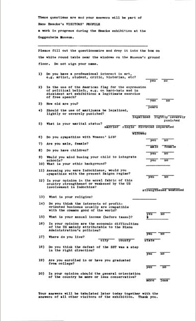 Hans Haacke Guggenheim Museum Visitors’ Profile (unrealised questionnaire) 1971