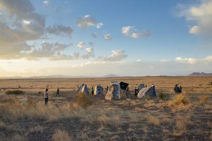 Haroon Mirza’s stone circle, 2018, black marble boulders with integrated LEDs and speakers that produce patterns of electronic sound and light from energy generated by solar panels, in the desert grasslands east of Marfa, Texas - photo Jennifer Boomer