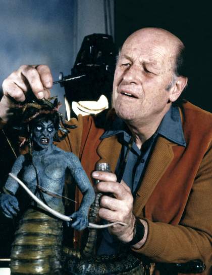 Ray Harryhausen working on the model of Medusa during the making of Clash of the Titans, 1981