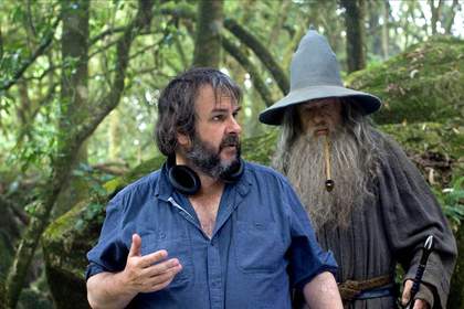 Peter Jackson and Ian McKellen on set during the making of The Hobbit: An Unexpected Journey, 2012