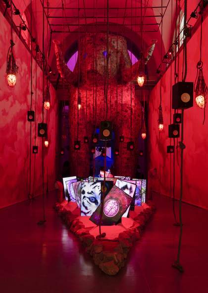 Image: Tate Britain Commission: Heather Phillipson: Rupture No.1: blowtorching the bitten peach © Tate photography (Oliver Cowling) 