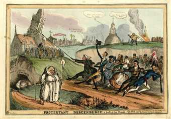 Satirical print by William Heath 'Protestant descendency, a pull at the Church' 1829