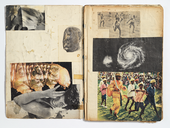 photograph of sketchbook showing collaged images across two pages