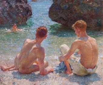 A painting of two young men on the beach