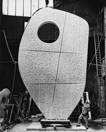 Barbara Hepworth with the plaster of Single Form 1961–4 at the Morris Singer foundry, London, May 1963