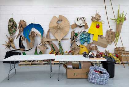 View of the interior of Hew Locke's studio with work-in-progress