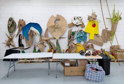 Interior shot showing work-in-progress in Hew Locke's studio