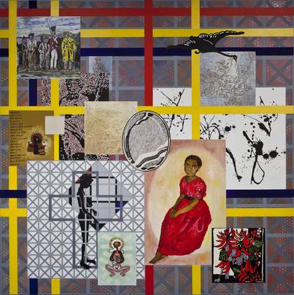 a painting with a yellow and red grid and motifs of a young girl and various patterns