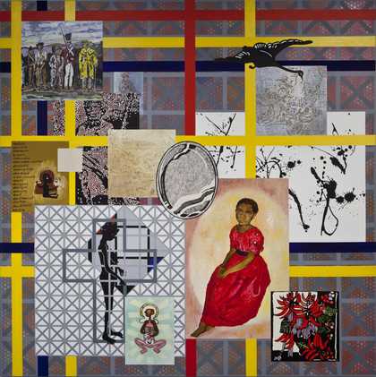 a painting with a yellow and red grid and motifs of a young girl and various patterns