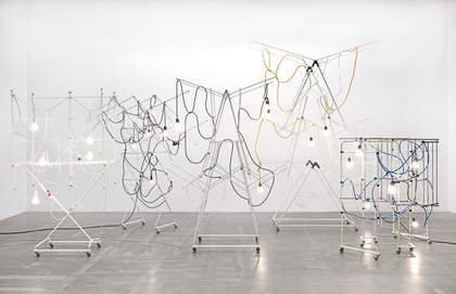 Non-Indépliables, nues, 2010/2020. Drying racks, light bulbs, cable, zip ties, terminal strips. Courtesy the artist. Photo: Nick Ash.