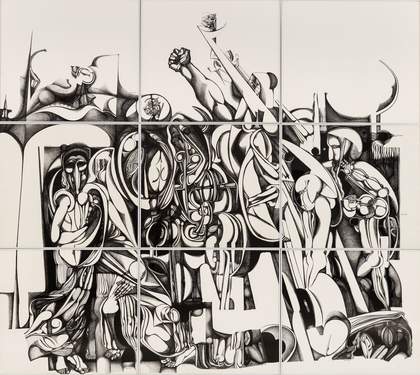 Ibrahim El-Salahi, ‘The Inevitable’, 1984-85, India ink on Bristol board, Nine panels, overall: 17ft. 5½ in. x 19ft. 9¾ in. (532.1 x 603.9 cm). Herbert F. Johnson Museum of Art, Cornell University.
