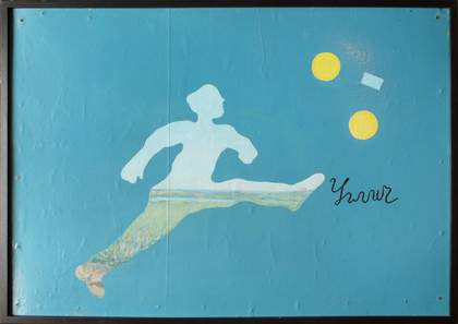 A painting of an outline of a man filled in with a seascape