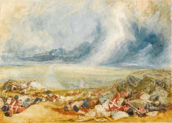 battlefield with bodies of soldiers and horses beneath a stormy sky