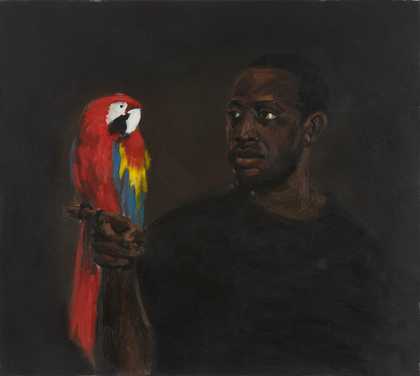 A man holds a parrot in his right hand and looks at the parrot