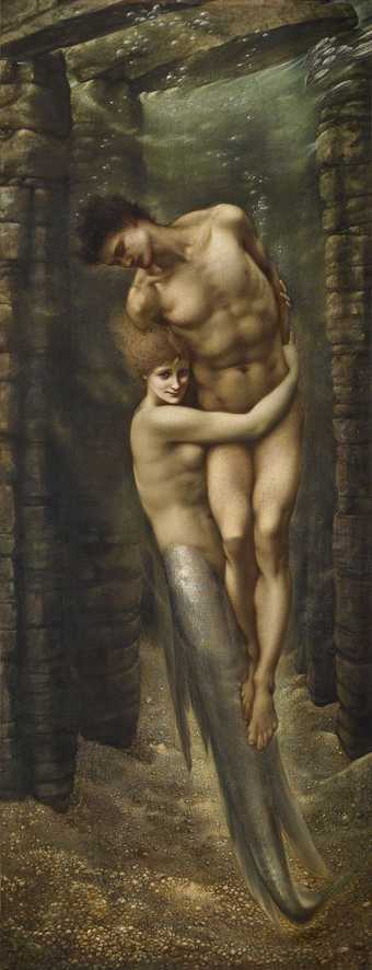 Painting of a mermaid embracing a nude male figure underwater