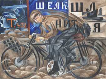 painting of man on bike riding along street