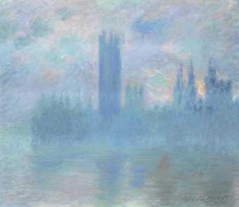pastel blue, white and grey painting of Houses of Parliament