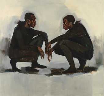 a painting of two men dressed all in black crouching 