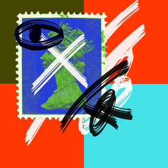 A recoloured British postal stamp overlaid with brush marks