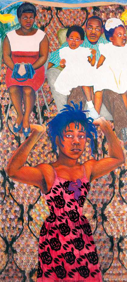 a drawing of a woman holding up