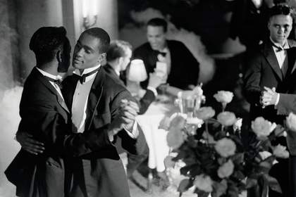 Isaac Julien Pas de Deux with Roses (Looking for Langston Vintage Series) 1989/2016 Ilford classic silver gelatin fine art paper, mounted on aluminum and framed Framed size 58.1 x 74.5 cm 22 7/8 x 29 3/8 in © Isaac Julien Courtesy the artist and Victoria