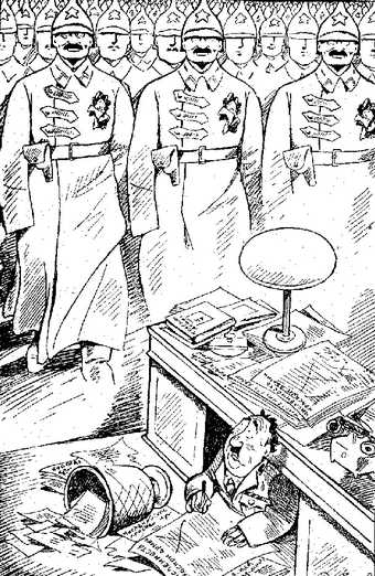 Boris Efimov, ‘British Military Expert Repington is Trying to Define the Exact Size of the Red Army’, in Boris Efimov, Karikatury (Cartoons), Moscow 1924, p.7.