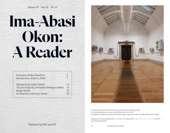 Left: Grey cover with title in black text and list of contents. Right: Installation view of Okon's display in the gallery at Tate Britain with text below