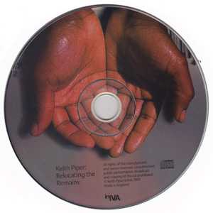 Circular disc featuring image of two hands stretched out palm-side up, forming a cup or bowl shape. Text reads: Keith Piper, Relocating the Remains