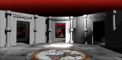 Digital interior with grey floor, walls and columns like ancient marble; circular map on the floor and a dark red ceiling or sky. Three doorways lead away, each with a word above the door: ‘UnMapped’, ‘UnRecorded’ and ‘UnClassified’