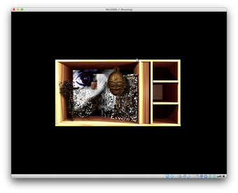 Screenshot of computer window: digital image in the centre of a wooden display box with different sized sections. In the biggest is a collection of items, some highly pixelated, with a mask-like face and a close-up image of an eye