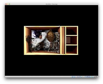 Screenshot of computer window: digital image in the centre of a wooden display box with different sized sections. In the biggest is a collection of items, some highly pixelated, with a mask-like face and a close-up image of an eye