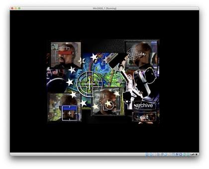 Screenshot showing collage of images including a map, graphics of white stars, various angles of a man’s head, a CCTV camera and riot police. Buttons read ‘archive’ and ‘exit’