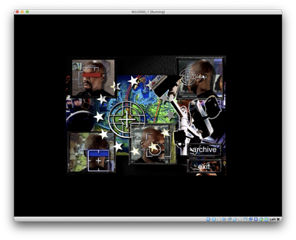 Screenshot showing collage of images including a map, graphics of white stars, various angles of a man’s head, a CCTV camera and riot police. Buttons read ‘archive’ and ‘exit’