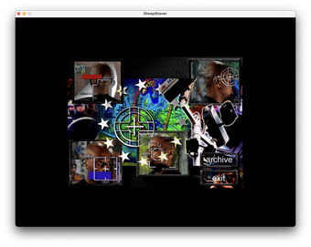 Screenshot showing collage of images including a map, graphics of white stars, various angles of a man’s head, a CCTV camera and riot police. Buttons read ‘archive’ and ‘exit’