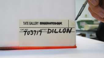 Conservation of Michael Dillon's Op Structures - adhesive label to be removed