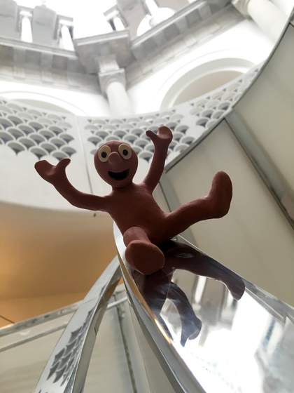 Morph sliding down the banisters 