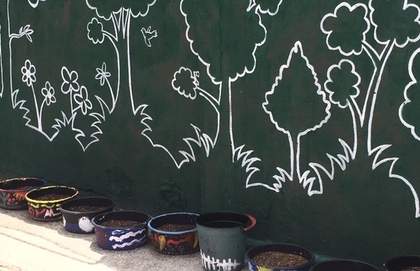 Plant pots and drawing of plants
