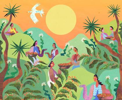 colourful drawing of women in hills 