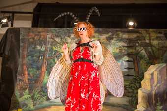 a woman stands in front of an theatre set screen dressed up as an insect