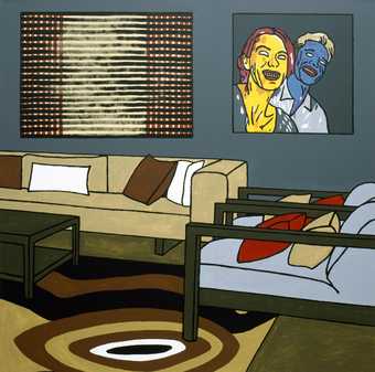 A pop art style block painted motif of a living room with abstract and figurative paintings on the back wall