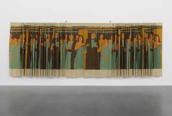 A very large hanging curtain with pop art figures painted on it in pale green, yellow ochre and browns.