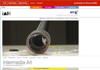 Screenshot of the Intermedia Art microsite, with Tate and BT logos, Intermedia Art title, photograph of a partially dismantled microphone