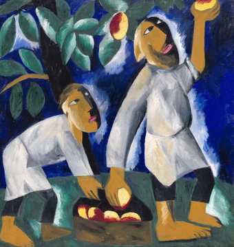 two people picking apples from trees