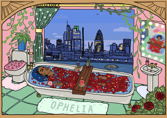Illustration of a woman lying in a bath with a view of London