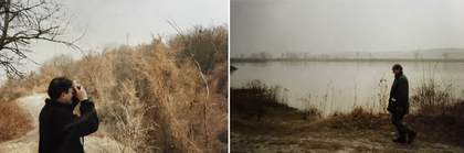 Two photos of a man in dark clothes, stopping to take a photo and walking in a wintry landscape, muted colours, grey skies