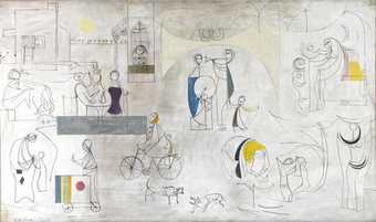  Jewad Selim Baghdadiat 1956 painting of figures in the city on a white and grey background