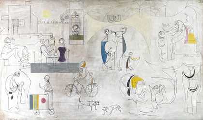 Jewad Selim Baghdadiat 1956 painting of figures in the city on a white and grey background