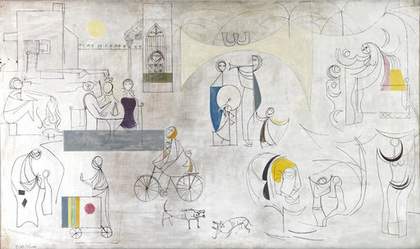 Jewad Selim Baghdadiat 1956 painting of figures in the city on a white and grey background